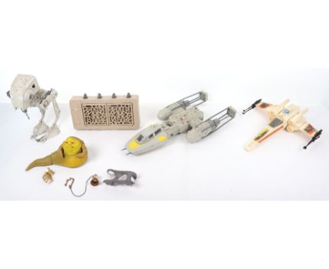 Vintage Star wars vehicles and playset, including a complete jabba the hutt playset, x-wing, y-wing, at-st scout walker, all 