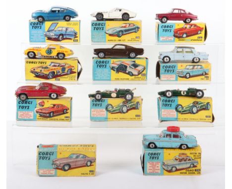 Ten Playworn Boxed Vintage Corgi Toys, including:2 x 155 Lotus Climax F1 Racing Cars,217 Fiat 1800, 310 Corvette Stingray,316