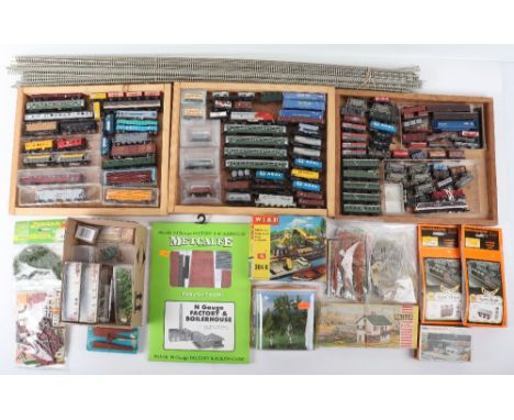 Collection of N gauge trains, accessories and track, Grafar Intercity electric locomotive, cast white metal 0-6-0 tank engine