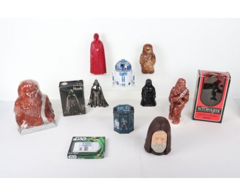 Quantity of Star Wars mixed Money banks, including 1980 empire strikes back tin,1981 boxed Darth Vader, two 1983 ROTJ money b
