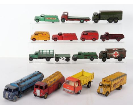 Fourteen Playworn Dinky Toys, including 514 Guy Weetabix Van,504 1st cab Foden Fuel Tanker,591 AEC Monarch, 438 Ford D800 tip