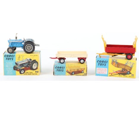 Three Boxed Vintage Corgi Toys, 62 Farm tipper Trailer, red/yellow, red plastic wheel hubs, two yellow raves, 67 Fords 5000 S