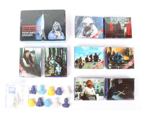 Vintage H.C.F Star wars return of the jedi perfumed erasers trade box, dated 1983, including 29 sealed erasers out of 36, box