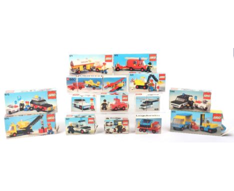 Fifteen vintage 1970s boxed Lego sets, all built and appearing complete with instructions, 660 car with plane transporter set