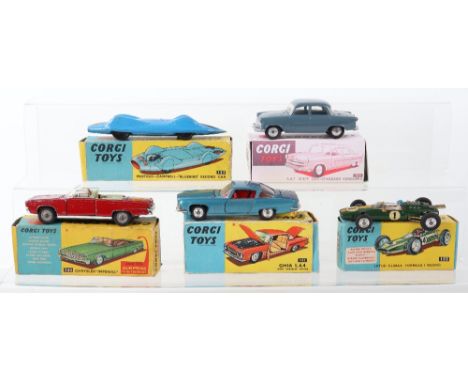 Four Boxed Vintage Corgi Toys, 153 Protuus Campbell Bluebird record car, blue body,  crossed union Jack flags, 155 Jim Clarke