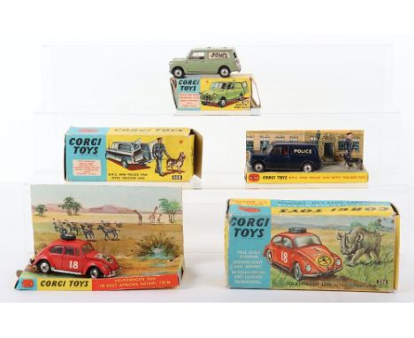 Three Boxed Vintage Corgi Toys, 256 Volkswagen 1200 in East African Safari Trim (missing Rhinoceros) 450 Austin Mini Van and 