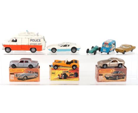 Matchbox Superfast, Boxed 39 Rolls Royce, 59 Porsche 928, 60 Lotus Super 7, unboxed Opel Diplomat, 2 unboxed regular wheels, 