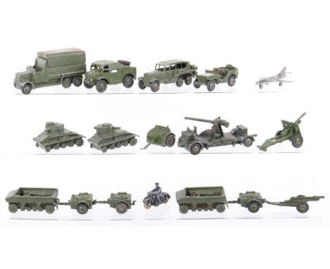 Dinky Toys Military Models, including: 151b six wheeled Army wagon with tin tilt, 161b Anti-Aircraft gun on trailer,2 x 162a 