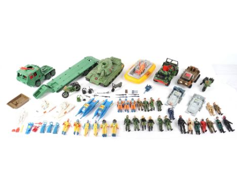 Large quantity of vintage Palitoy action force vehicles and figures, including large vehicles, tank, transport truck, boats p
