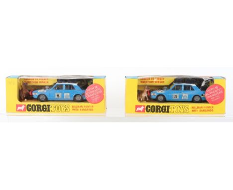Two Boxed Corgi Toys 302 Hillman Hunter Rally Cars, both with Kangaroo figures, ‘London to Sydney Marathon Winners, blue/whit