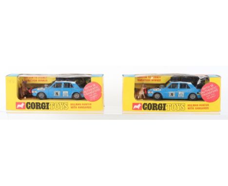 Two Boxed Corgi Toys 302 Hillman Hunter Rally Cars, both with Kangaroo figures, ‘London to Sydney Marathon Winners, blue/whit