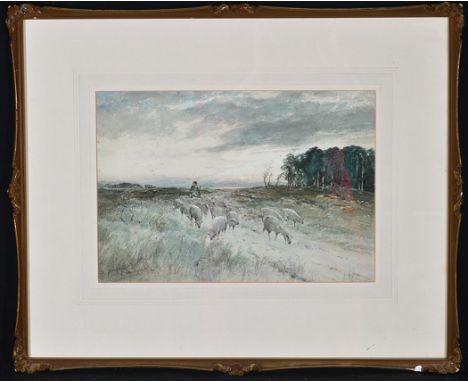 Thomas Swift Hutton - a shepherd driving his flock home at evening, signed, watercolour, 24 x 34.5cms; 9 1/2 x 13 1/2in.