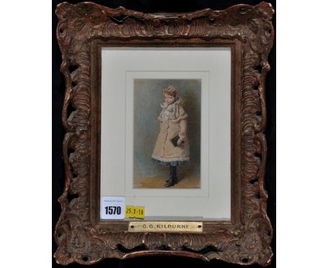 George Goodwin Kilburne - a full-length portrait of a young Victorian girl wearing a coat and hat and holding a book, signed 