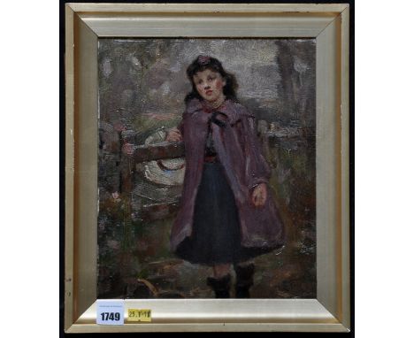 Ralph Hedley, RBA - portrait of a girl in a lilac coat, signed with initials and indistinctly dated, oil on board, 24.5 x 20.
