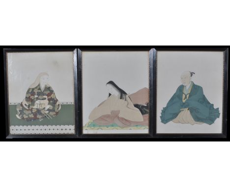 19th Century Japanese School - portrait studies of a woman, a samurai and a monk at their meditations, colour woodcuts, 54 x 