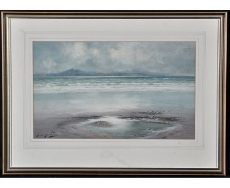 Thomas Swift Hutton - a beach scene with gulls by a pool and a distant range of hills, watercolour, 26 x 43cms; 10 1/4 x 17in