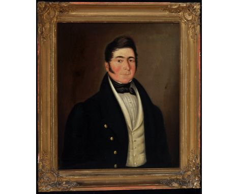 19th Century British School - a naive portrait of a gentleman wearing a dark blue coat and white waistcoat, oil on canvas, 74