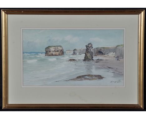Thomas Swift Hutton - figures on Marsden beach, signed, watercolour, 24 x 43cms; 9 1/2 x 16 3/4in.