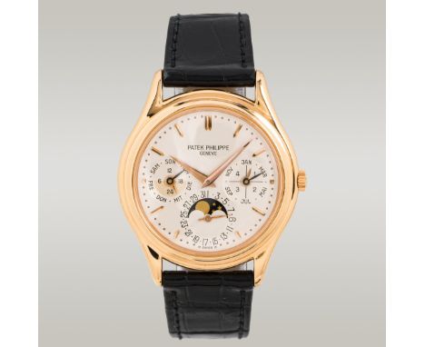 Patek PhilippeHerren-Armbanduhr "Grand Complication" mit ewigem Kalender18kt Roségold, Leder; Referenznr. "3940"; Saphirglas,