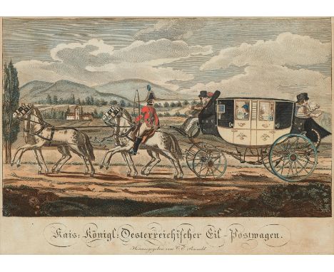 Carl Eduard Rainold (Hrsg.)"Kais: Königl: Oesterreichischer Eil-Postwagen"um 1820Kupferstich, koloriert, aus: "Die Posteil-, 