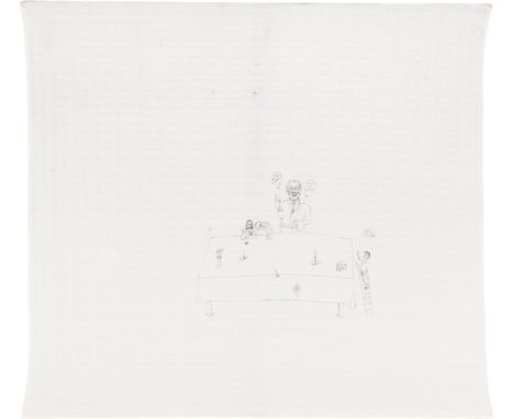 Martin KippenbergerNix Nouvelle Cuisine1996Kugelschreiber auf Stofftischtuch; gerahmt131 x 148 cmMonogrammiert und datiert mi