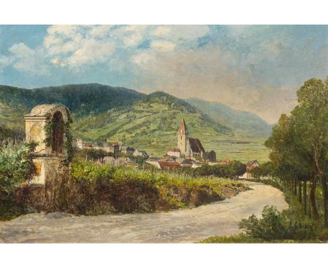Konrad PetridesStraße nach Weißenkirchen in der Wachau1926Öl auf Karton; gerahmt39 x 58 cmSigniert und datiert rechts unten: 