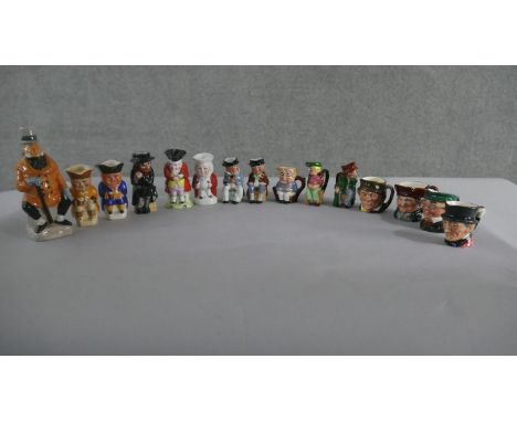 A collection of fifteen hand painted ceramic Toby jugs, various characters and makers. H.16 W.6cm (largest) 