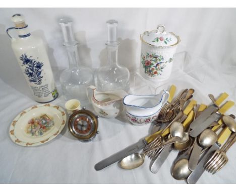 A good mixed lot to include two Dartington decanters, a Royal Doulton child's plate with matching egg cup, a Delft blue and w