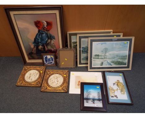 A mixed lot of pictures to include landscape scenes, an Oriental shell carved picture, a Delft tile picture, two modern rococ