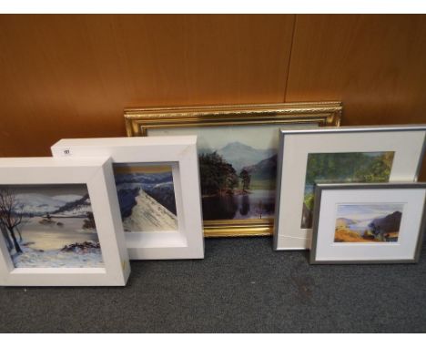 A print of a river flowing through a valley scene mounted and framed under glass, two oil on boards by Jeff Sudders, one of a