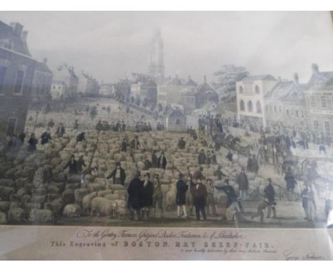Boston May Sheep Fair - a black and white print after George Northouse, Wide Bargate, Boston with St Botolph's parish church 