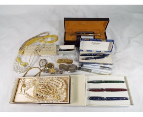A good mixed lot to include pearl necklaces, a collection of watches to include Rotary 17 jewel, Avia, Ingersoll and a collec