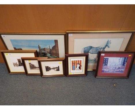 A good lot to include four pictures of Wigan mounted and framed under glass, one of Wigan Pier circa 1914, Wigan Road, Ashton
