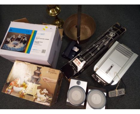 A mixed lot to include a chocolate fountain, boxed, an indoor fibre optic Christmas light depicting a village scene with ice 