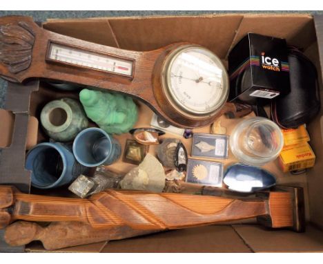 A good mixed lot to include a wall barometer, an Ice watch, a Canon camera, a selection of Welsh pottery, two carved wooden s