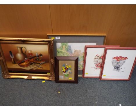 A good lot to include an oil on board in gilt frame, a watercolour depicting a garden scene mounted and framed under glass, t