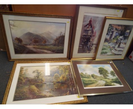 A framed print by Peter J. Greenhill, mounted and framed under glass, a watercolour by S J Andrews depicting a courtyard scen