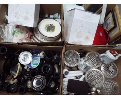 A good mixed lot of ceramic tableware, paperweights, decorative bon bon dishes, a sandwich toaster, vintage linens, a Wade pi