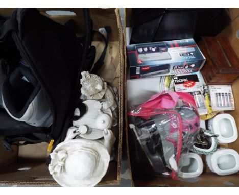 A large mixed lot to include plated flatware, ceramic tableware , a pair of roller skates, children's ice skates, a jewellery