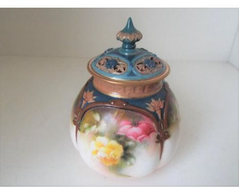 Royal Worcester (Hadleys) - a covered pot, hand painted with images of roses, 11 cm (high) - Est £50 - £80