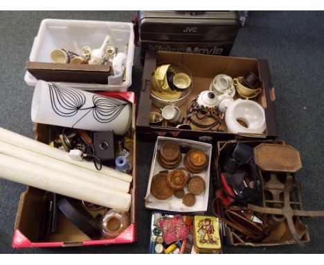 A good mixed lot to include a quantity of vintage cameras, glassware and ceramics, cast iron weighing scales, a JVC video mov