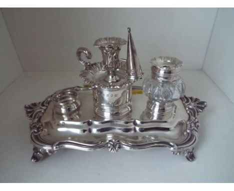 A William IV hallmarked silver desk set stand with candle holder and snuffer, cut glass receiver with silver top, 14 cm (h) x