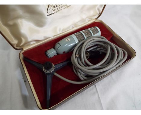 A vintage Cadenza ribbon microphone with stand and lead, boxed.