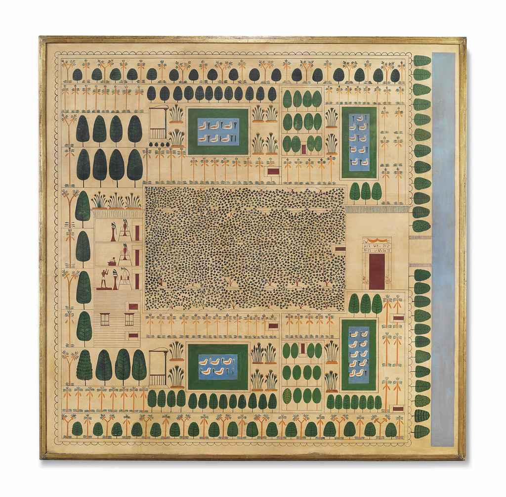 A PAINTED CANVAS DEPICTING THE ANCIENT EGYPTIAN GARDEN OF THE HIGH