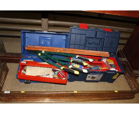 Two plastic tool boxes and contents of various tools and fittings