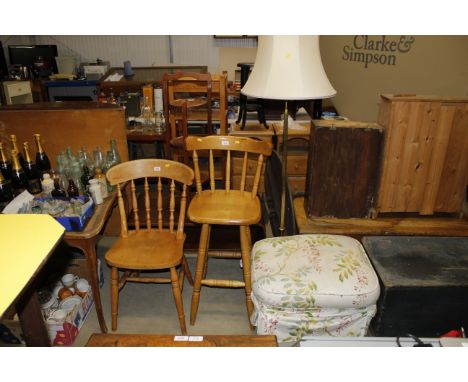 A high seat kitchen stool, a pine and elm rail back kitchen/dining chair, a brass standard lamp and an upholstered stool