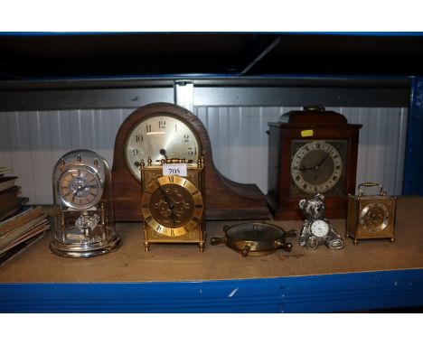 A 1930's oak cased chiming mantel clock; a small walnut cased mantel clock and various other time pieces