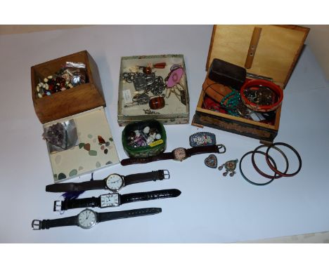 An inlaid trinket box and contents of costume jewellery including two Micro Mosaic brooches and a pendant; two other trinket 