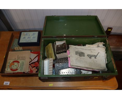 A box of Meccano items and various part children's encyclopedia and microscope outfit