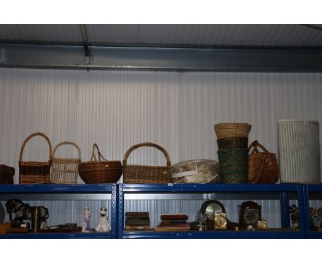 A collection of miscellaneous wicker work baskets; waste paper bins; a Loom linen box; Indian silk lined curtains etc